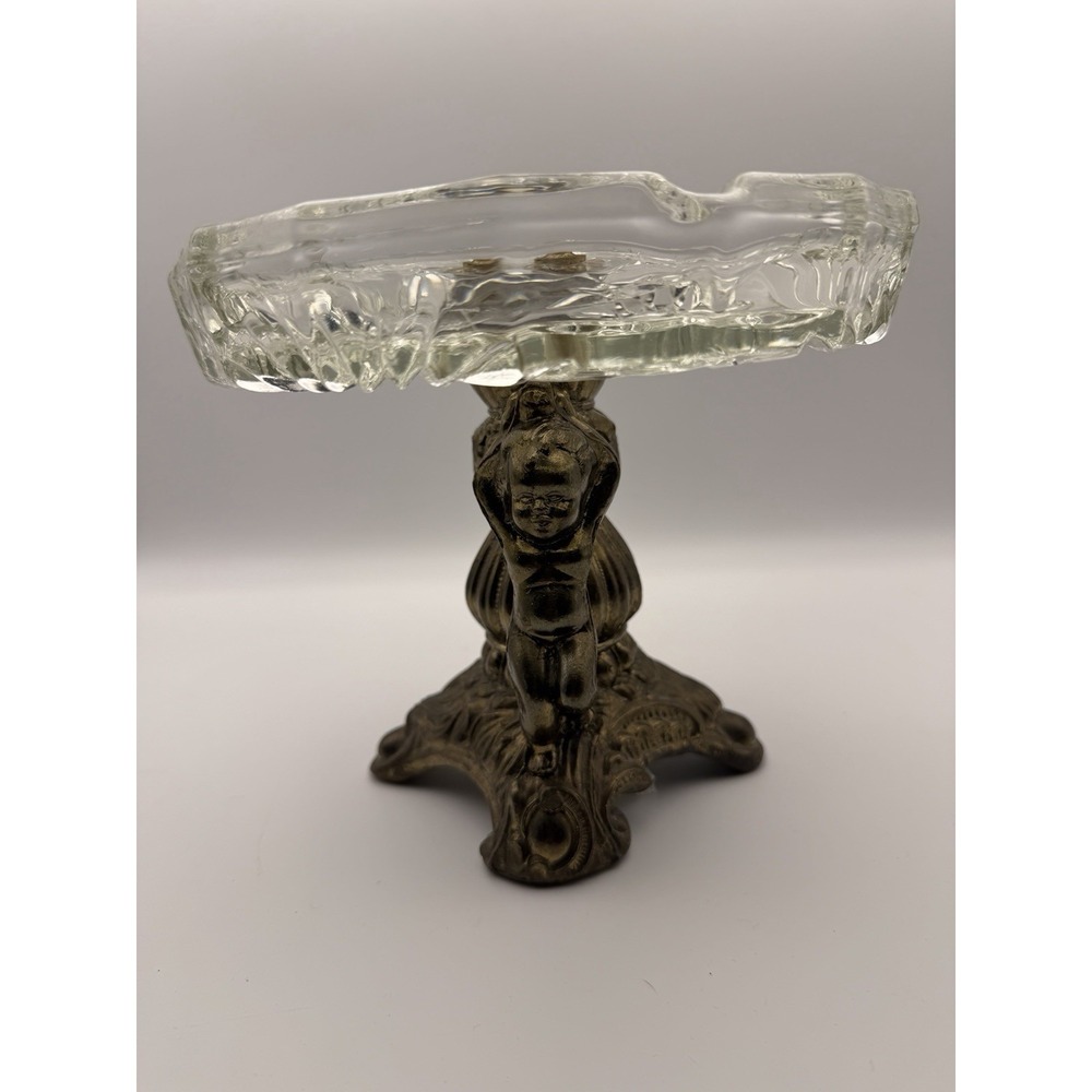 VTG Crystal Decorative Angel Baby Cherub Base Glass Top Candy Dish AshTray